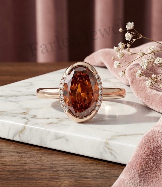Oval Hessonite Garnet Ring, Rose Gold Halo, Art Deco Statement Jewelry