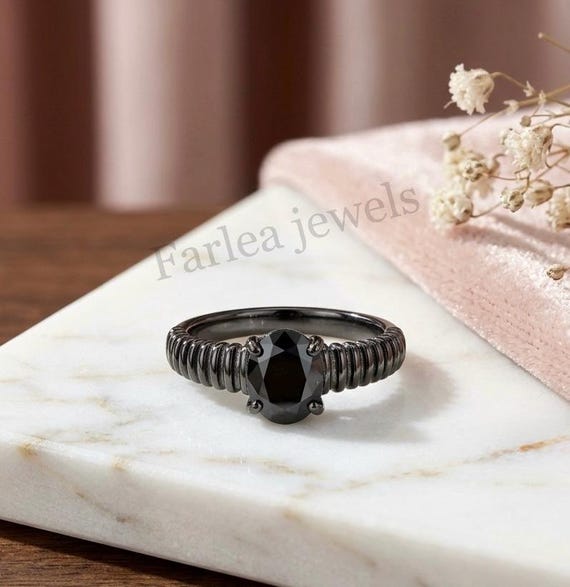Black Onyx Solitaire Ring, Gothic Oval Cut Black Stone, Textured Band, 925 Silver Black Rhodium Finish, Unisex Jewelry, Edgy Chunky Band.