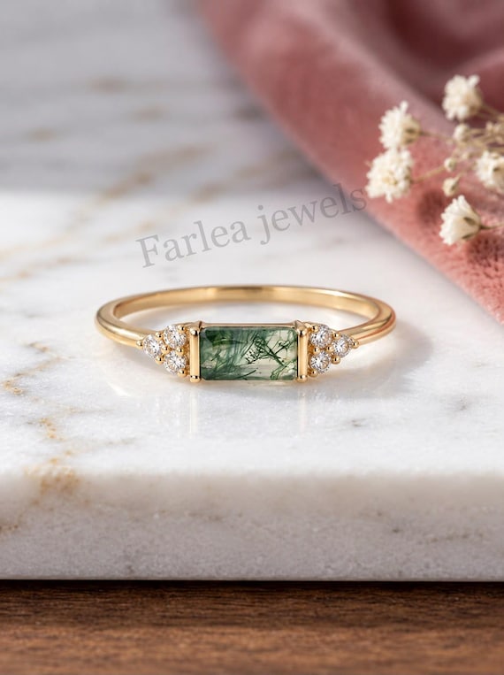 Baguette Cut Moss Agate Engagement Ring, East-West Horizontal Solitaire Band, Dainty CZ Accent , Unique Anniversary Gift for Wife.