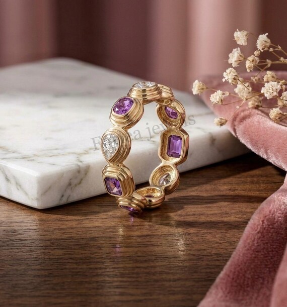 Multi Gemstone Eternity Band, 14K Gold Bezel Set Ring, Amethyst Emerald Cut, Pear Moissanite Wedding Band, Colorful Stacking Ring For Women.