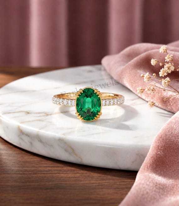 Vintage Oval Emerald Engagement Ring, Solid Gold Faceted Green Emerald Ring with  Moissanite Pave Band, Handmade Bridal Wedding Ring Gift.