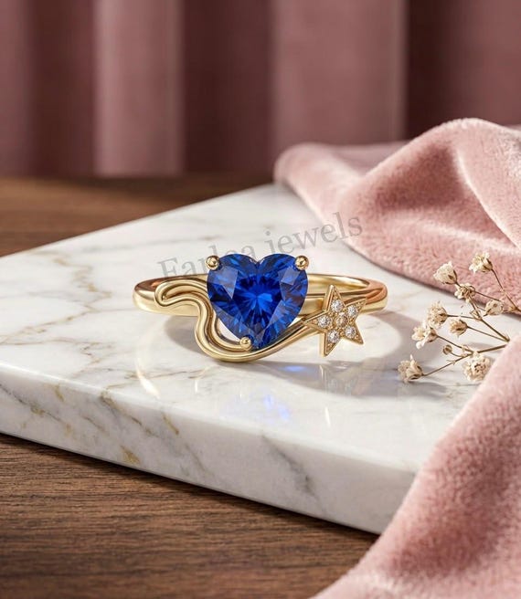 Heart Shape Blue Sapphire Engagement Ring Gold, Celestial Star Ring, Blue Stone Promise Ring, Romantic Anniversary Gift for Her, Unique Ring