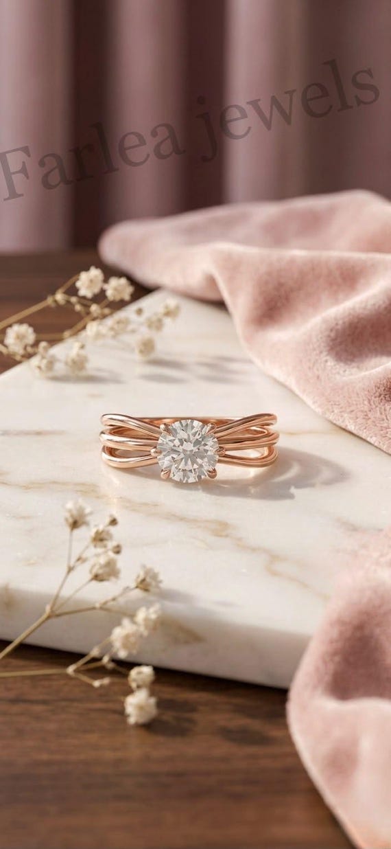 Round Moissanite Solitaire Ring, Triple Band Split Shank, 14K Rose Gold Engagement Ring