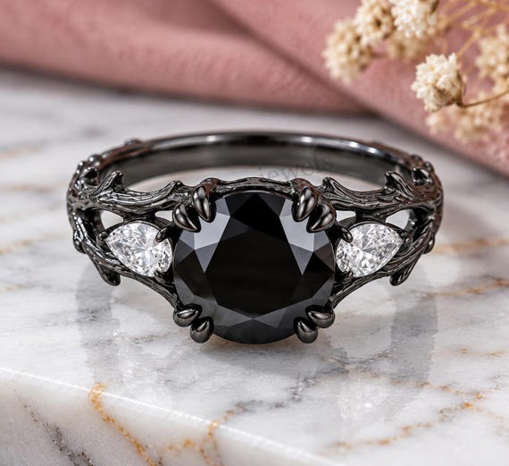 Gothic Black Onyx Engagement Ring, Nature Inspired Twig Branch Ring, Hallowen Theme Ring, Black Rhodium Promise Ring For Her.