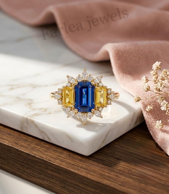 Art Deco Blue Yellow Sapphire Ring, Emerald Cut Three Stone Halo, Gold Statement Jewelry