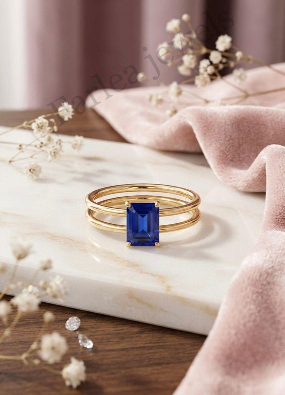Blue Sapphire Octagon Ring, 9x7mm Gold Tone Statement Jewelry