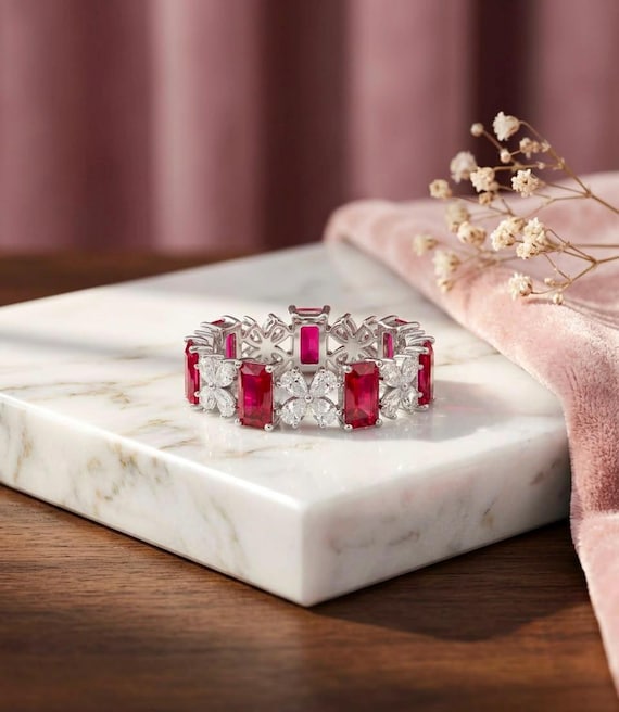 Ruby & Diamond Bracelet, Octagon Ruby, Marquise Zirconia, Floral Design