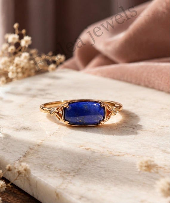Rectangular Lapis Lazuli Ring, Gold Tone, 3mm Accent Stones, Statement Jewelry