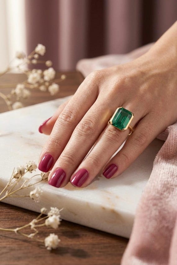Emerald Cut Statement Ring, Gold Tone, Vintage-Inspired, 9x11mm Green Gemstone