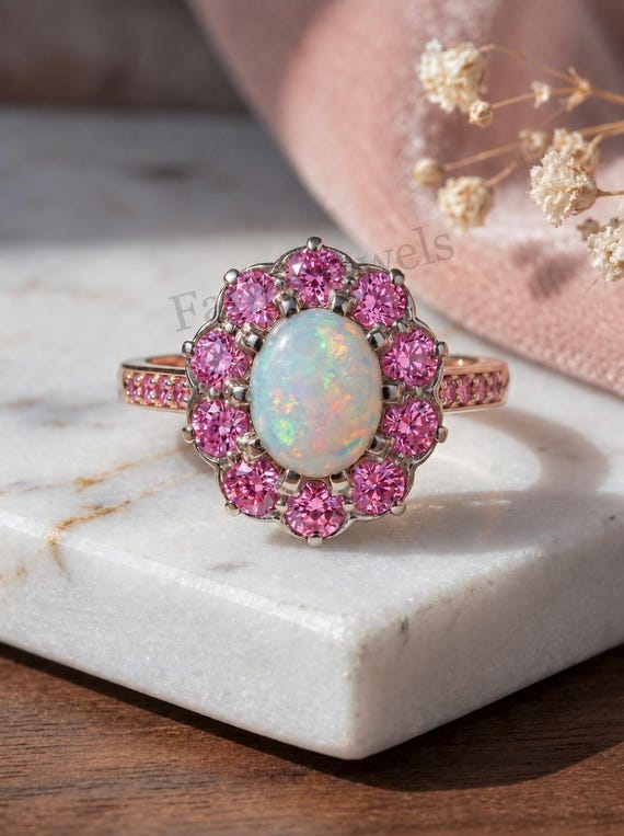 Vintage Opal Ring, Natural Oval Opal Engagement Ring with Pink Sapphire Halo, Two Tone Rose Gold Floral Art Deco Ring, October Birthstone.