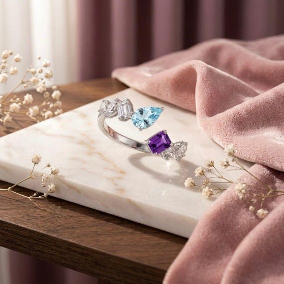 Amethyst Aquamarine CZ Open Ring, Purple Blue Gemstone Statement Jewelry