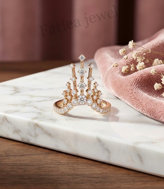 Gothic Crown Ring, Architectural Chevron Stacking Band, 14K Gold Statement Jewelry