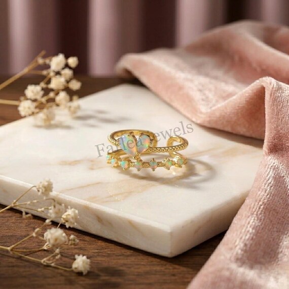 Natural Opal Double Band Ring, Gold Beaded Tiara Crown Ring, Dainty Opal Ring for Women, October Birthstone Handmade Jewelry.