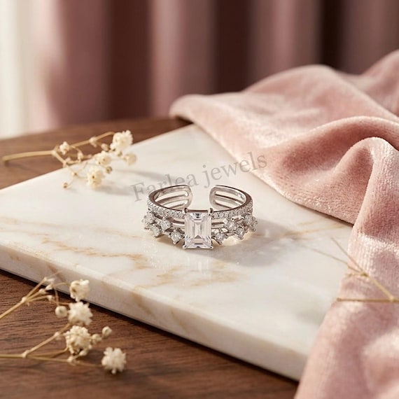Emerald Cut Moissanite Engagement Ring, Triple Band Sterling Silver Ring, Unique Cluster Wedding Ring for Women, Adjustable Solitaire Ring