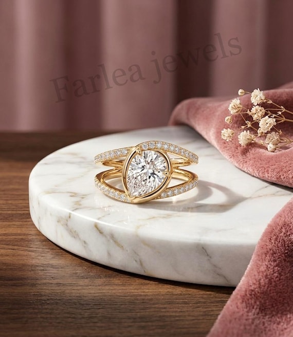 Pear Cut Moissanite Engagement Ring, Split Pave Band, Yellow Gold Solitaire (Custom Size)