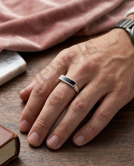 Black Onyx Rectangular Bar Ring, Minimalist Men's Jewelry, Modern Statement Piece
