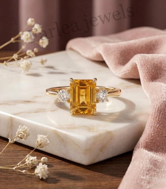 Yellow Sapphire Moissanite Cocktail Ring, Gold Tone Statement Jewelry. Luxurious Gift For Her.
