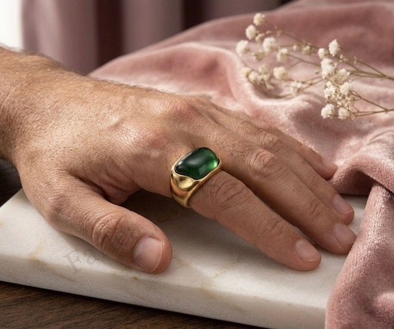 Men's Emerald Cabochon Ring, 14x10mm Freeform Green Gemstone, Gold Tone Statement Jewelry