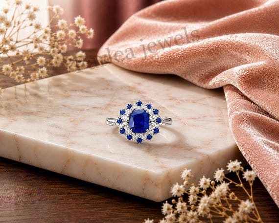 Blue Sapphire Cushion Cut Ring, Halo Design, Diamond Accents (7x7mm)
