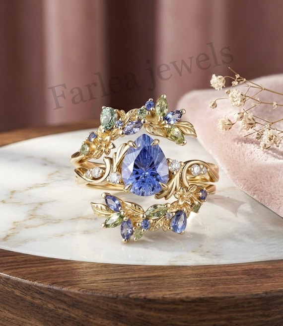 Pear Cut Tanzanite Floral Leaf Bridal Ring Set, Nature Inspired Gold Jewelry