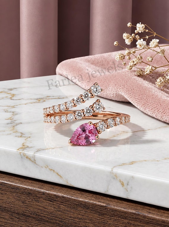Pear Cut Pink Sapphire Wrap Ring, Rose Gold Bypass Ring, Sparkly Moissanite Spiral Band, Unique Statement Ring, Bridal Promise Gift For Her.