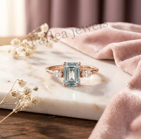 Emerald Cut Aquamarine Ring, Marquise Moissanite Side Stones, Elegant Gemstone Ring