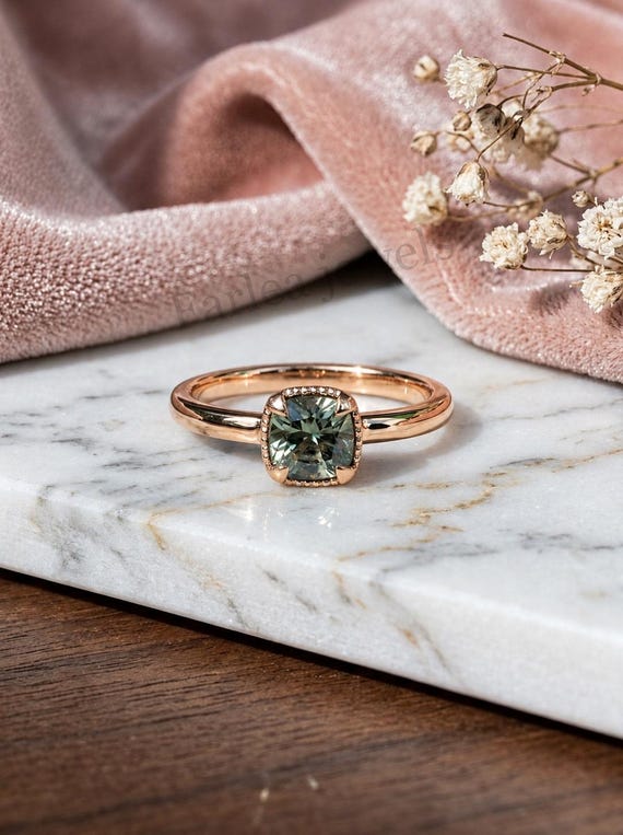 Vintage Cushion Cut Green Sapphire Ring, Rose Gold Engagement Ring, Solitaire Sage Green Gemstone Ring, Milgrain Promise Ring For Her.