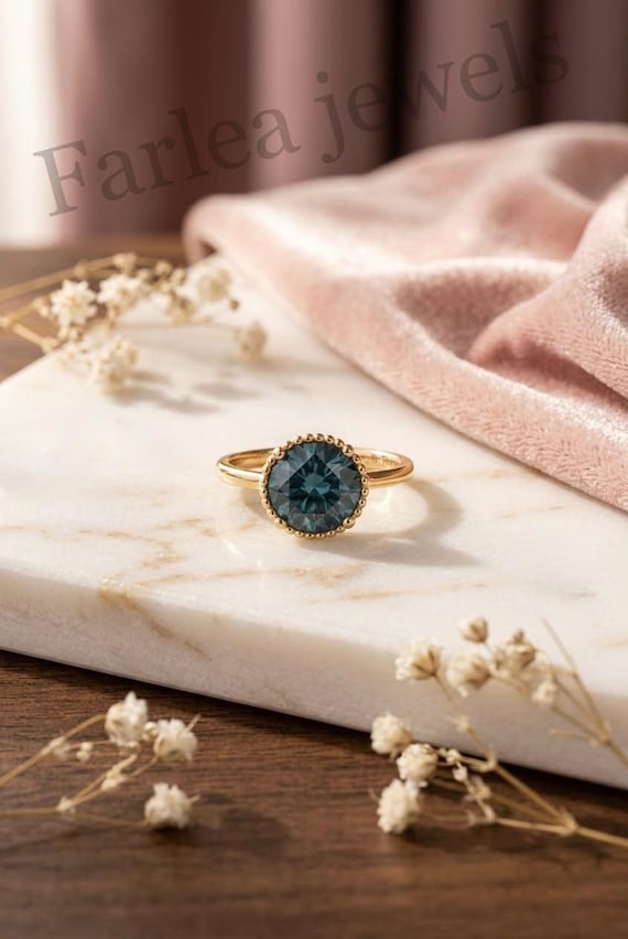 London Blue Topaz Ring, Deep Blue Faceted Gemstone, Gold Tone Setting, Elegant Statement Piece