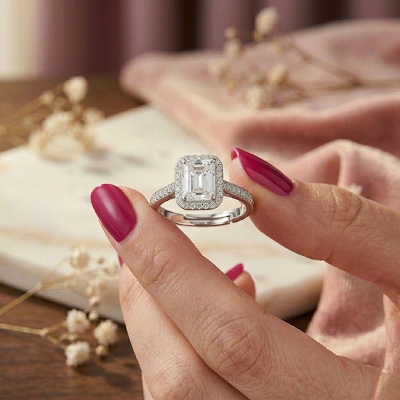 7x9mm White Crystal Octagon Halo Ring, Sparkling Statement Cocktail Ring