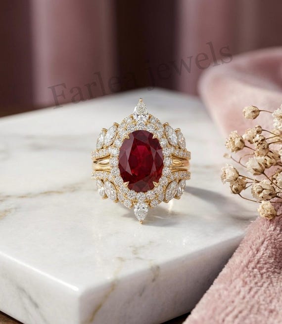 Oval Ruby Engagement Ring, Gold Marquise Halo Cocktail Ring, Art Deco Statement Piece