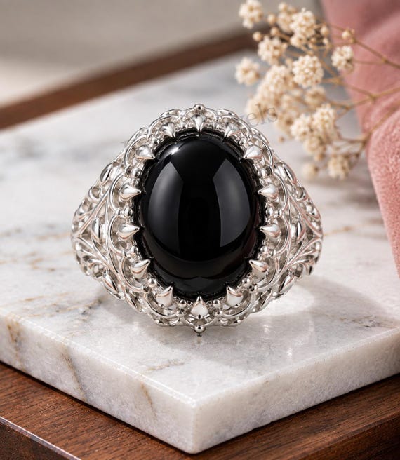 Vintage Black Onyx Ring Men, 925 Sterling Silver Gothic Filigree Ring, Large Oval Black Stone Statement Ring, Medieval Mens Ring.