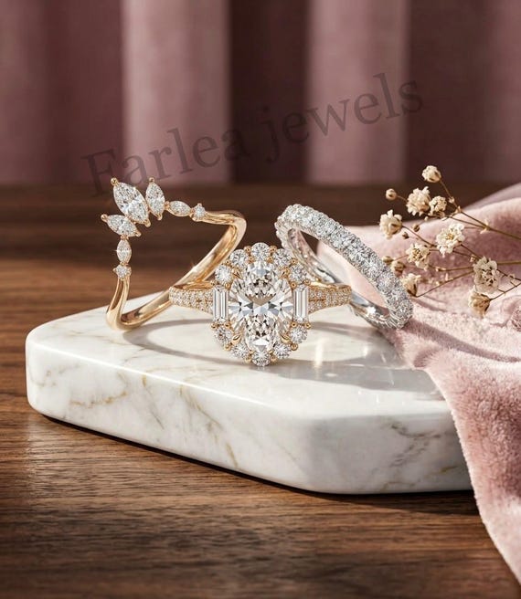 3-Piece Moissanite Ring Set, Oval Engagement, Tiara Band, Eternity Wedding (Stackable)