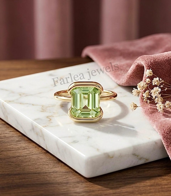 Emerald Cut Green Amethyst Ring, Solitaire Bezel Set Ring, Solid Gold Mint Green Gemstone Engagement Ring, Unique Promise Ring for Women,