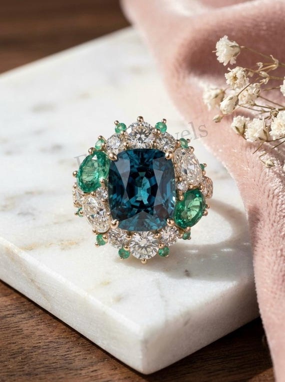 Ornate London Blue Topaz Engagement Ring, Antique Cushion Halo Wedding Ring, Green Emerald Accent Split Shank Ring, Luxury Bridal Jewelry.