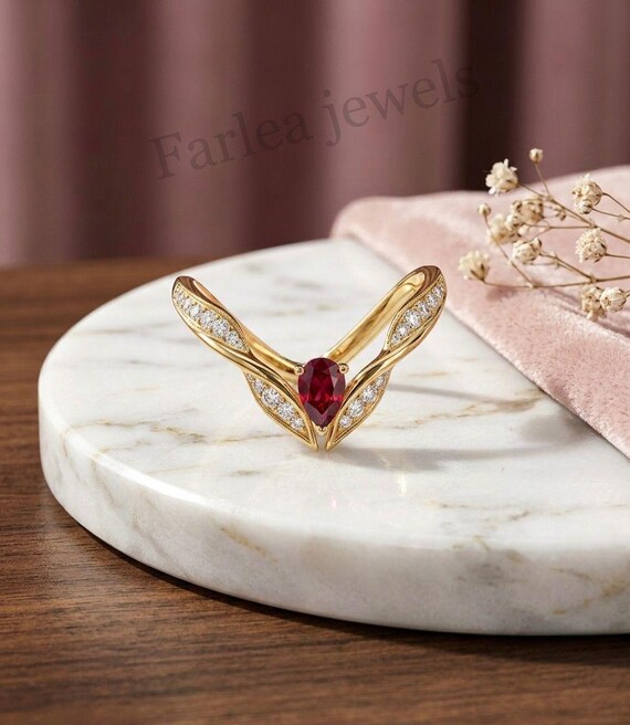Pear Ruby V-Shape Ring, 6x4mm Red Gemstone, Gold Tone, July Birthstone Jewelry