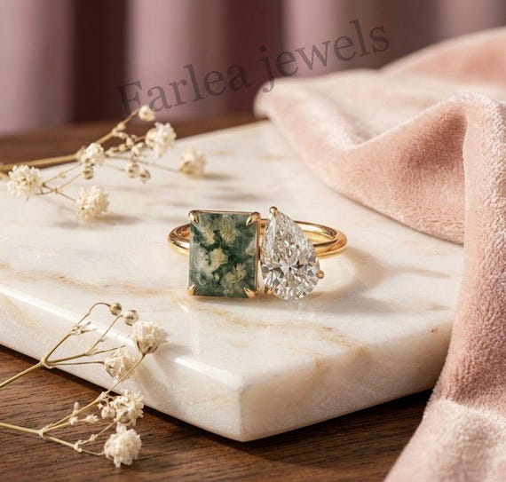 Moss Agate Moissanite Two-Stone Ring, Octagon Pear Cut, Gold Tone Statement Jewelry