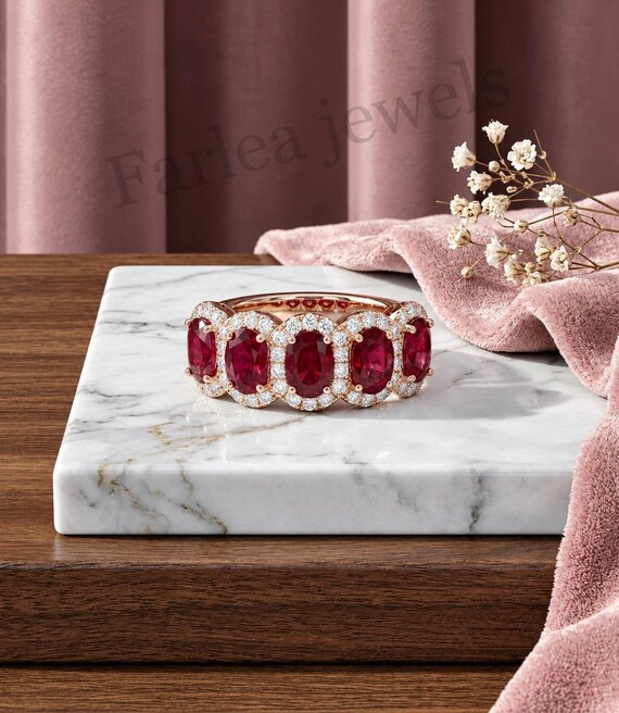 5-Stone Oval Ruby Halo Band, Rose Gold Eternity Ring, Moissanite Wedding Band
