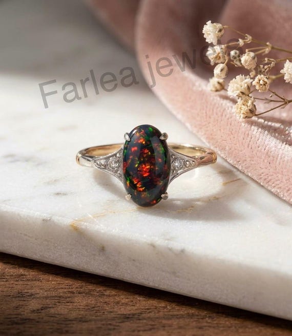 Handcrafted Black Opal Ring, Art Deco Milgrain, Oval Cabochon, October Birthstone Gift
