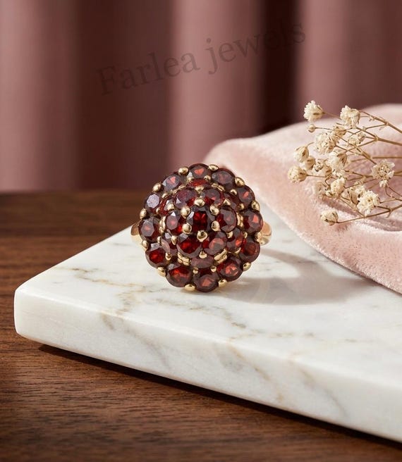 Handcrafted Hessonite Garnet Cluster Dome Ring, Victorian Cocktail Jewelry, January Birthstone Gift