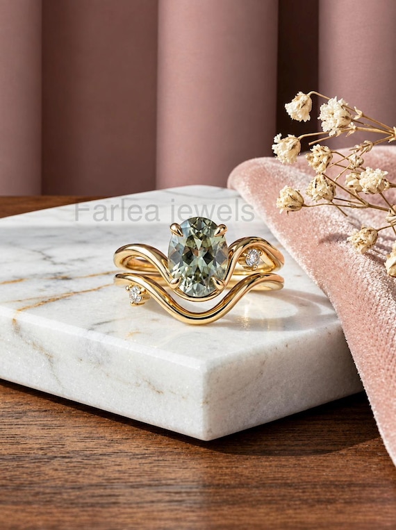 Oval Green Tourmaline Engagement Ring Set, Curved Matching Band, 14K Solid Gold Bridal Ring Set, Unique Curved Wave Promise Ring For Her.
