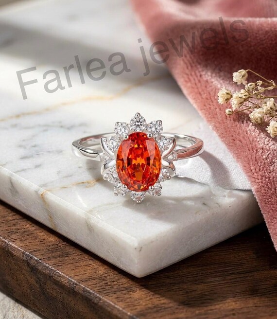 Orange Sapphire Oval Ring, Floral Halo CZ Accent, Silver Tone Statement Jewelry