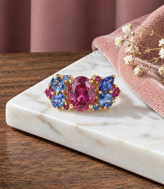 Oval Pink Sapphire Ring, Vintage Blue Sapphire Cluster Ring, Solid Gold Statement Ring, Art Deco Floral Ruby Ring, Luxurious Gift For Her.