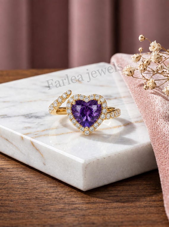 Heart Cut Amethyst Ring, Purple Gemstone Halo Ring, Bypass Engagement Ring, Filigree Heart  Ring, February Birthstone Gift For Her.