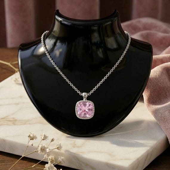 Elegant Cushion Cut Pink Sapphire Pendant Necklace - Silver Plated Halo Solitaire with Tennis Chain for Women & Girls