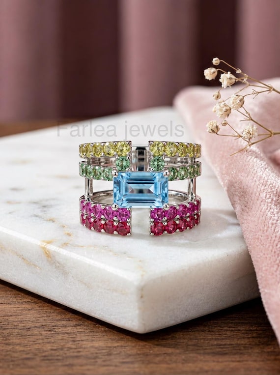 Multi Gemstone Silver Statement Ring, Emerald Cut Swiss Blue Topaz Wide Band Ring, Rainbow Gemstone Ring, Unique Cocktail Ring for Women.