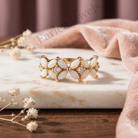 Opal Marquise Floral Ring, Gold Tone Moissanite Accents, Vintage Inspired Statement Jewelry