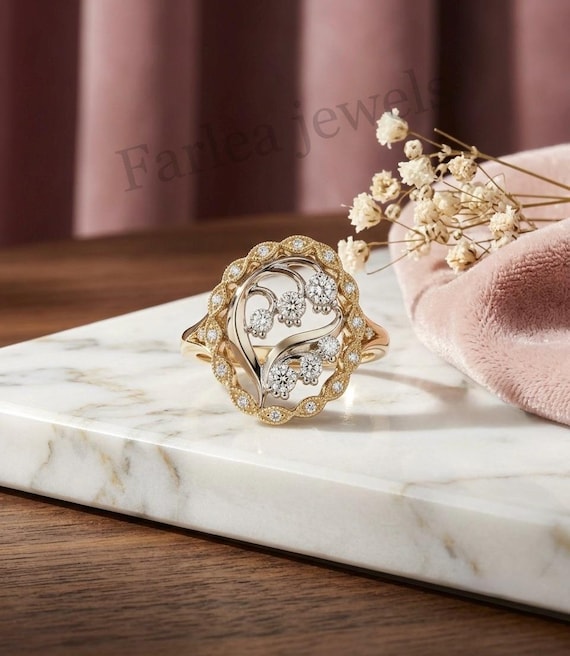 Art Nouveau Floral Cluster Ring, Two-Tone Milgrain Filigree Cocktail Jewelry