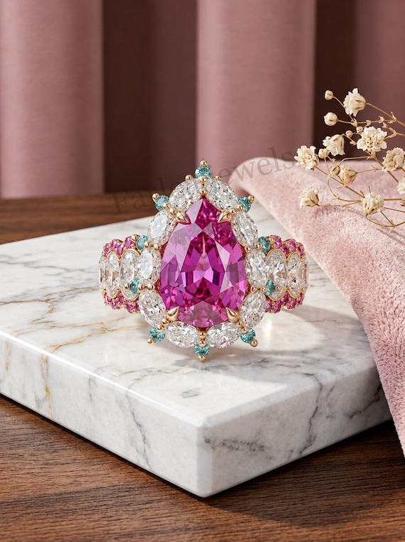 Pear Pink Sapphire Engagement Ring, Art Deco Statement Ring, Paraiba Color Halo Ring, Marquise Moissanite Bridal Ring, Gold Cocktail Ring.