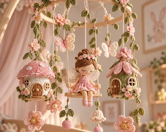 May include: A nursery mobile featuring a central crocheted fairy doll on a swing, flanked by two crocheted mushroom-shaped houses. The wooden hoop is decorated with crocheted green vines, pink flowers, and white butterflies, all suspended by white strings.