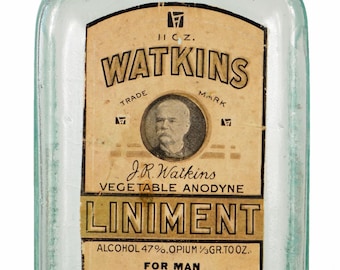 Antique WATKINS LINIMENT w/ OPIUM patent medicine bottle embossed and labeled